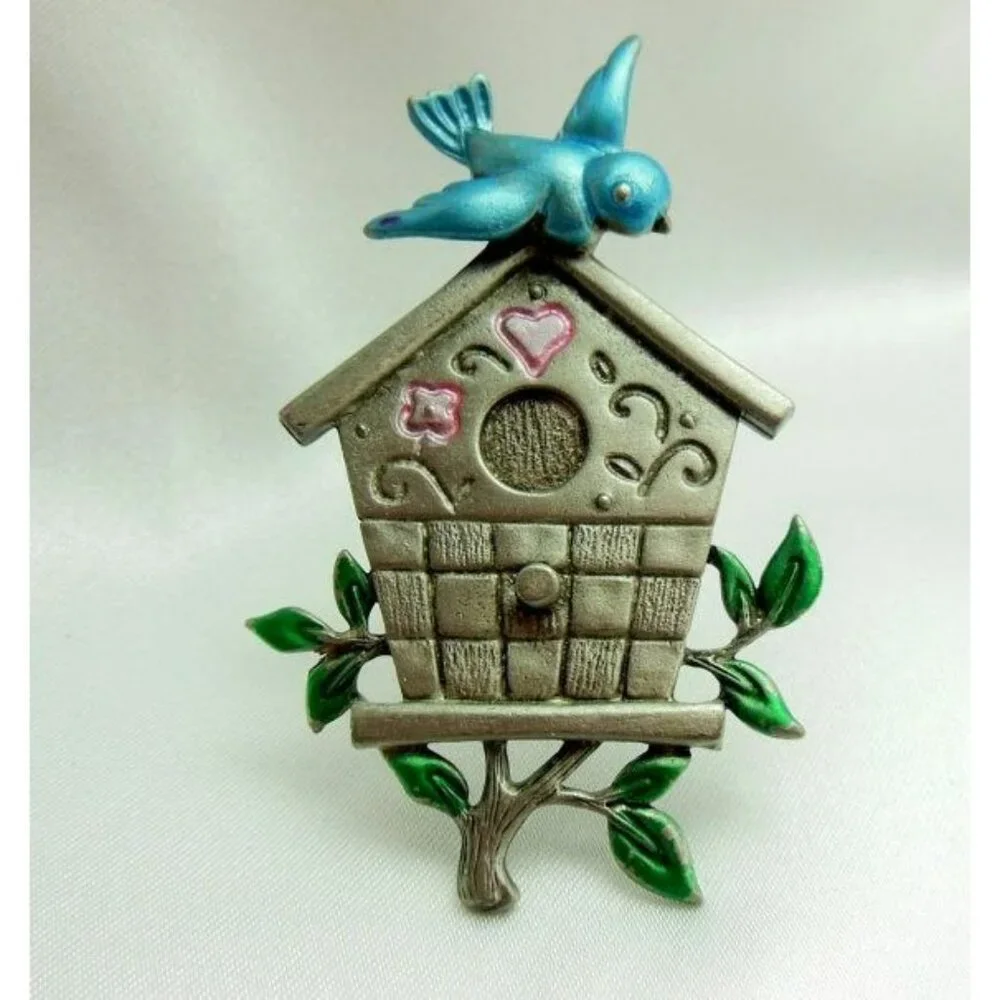 Vintage Jonette Jewelry (JJ) Pewter Toned Birdhouse With Bird‎ Blue Green Enamel